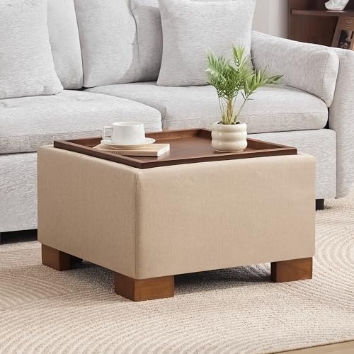 WUTUTUEE 24" Square Ottoman Coffee Table with Storage, Fabric Ottomans with Tray and Solid Wood Legs for Living Room, Bedroom and Apartments, Small Modern Ottoman Tea Table with Lift-Off Lid, Khaki - color: 24'' Khaki Fabric