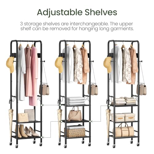 Coat Rack, Freestanding Coat Rack with 3 Shelves, Rolling Garment Rack with Wheels and Hooks, Coat Hanger Stand, Clothes Rack, Hanging Rod, for Entryway, Bedroom, Living Room, Black TYM17BB