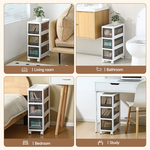 Plastic 3 Drawer Storage Organizer, Narrow Plastic Storage Drawers with Wheels, Storage Cart with Drawers for Small and Narrow Space, 7.87-inch Wide (gray)