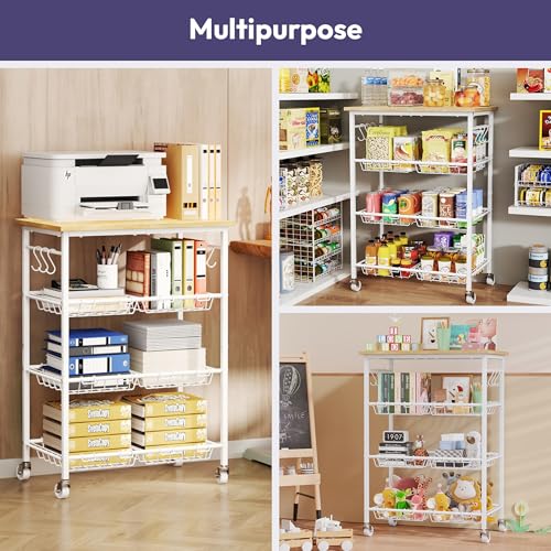 SWTYMIKI 24.4''x15.7'' Rolling Microwave Cart - 4 Tier Microwave Table Stand with 6 Storage Baskets, Coffee Bar with Wheels, Kitchen Utility Cart Shelf Rack Organizer for Vegetables, Potato, White - color: White