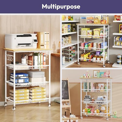 SWTYMIKI 24.4''x15.7'' Rolling Microwave Cart - 4 Tier Microwave Table Stand with 6 Storage Baskets, Coffee Bar with Wheels, Kitchen Utility Cart Shelf Rack Organizer for Vegetables, Potato, White - color: White