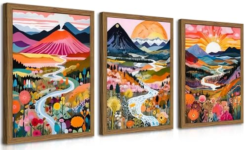 Wood Frame Boho Colorful Wall Art, Set of 3 Abstract Watercolor Mountain Landscape Wall Decor Painting, Modern Flower Aesthetic Posters Prints for Living Room Bathroom Bedroom 12x16In Framed - color: Colorful, size: 16L" x 12W"