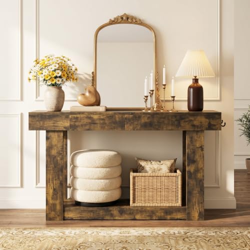47'' Console Table with 2 Drawers and Open Storage, Entryway Table with Socket, LED Light and Hooks, Narrow Long Wood Sofa Table Behind Couch Table for Living Room, Hallway, Foyer, Brown - size: 47'' IN