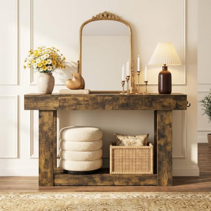 47'' Console Table with 2 Drawers and Open Storage, Entryway Table with Socket, LED Light and Hooks, Narrow Long Wood Sofa Table Behind Couch Table for Living Room, Hallway, Foyer, Brown - size: 47'' IN