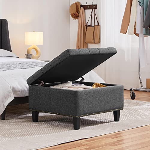 Yaheetech 28in Square Storage Ottoman Coffee Table with Nailhead, Dark Gray | Button-Tufted Linen-Look Fabric Bench, 3.2C Storage Space, Wood Legs, Metal Hinges, for Bedroom Foot of Bed Living Room - size: 28"D x 28"W x 18"H