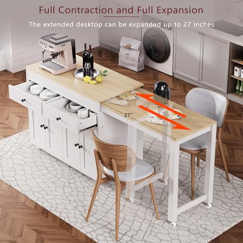 Kitchen Island, Extendable Dining Table with Storage | Extendable dining table, expands from prep station to dining table, seats up to 2 extra guests, saves space when closed - color: White