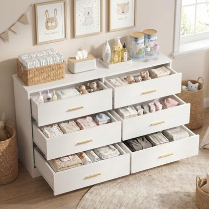 Modern White 6 Drawer Dresser with Gold Handles, 47" Chest of Drawers for Bedroom, Kids Room & Nursery, Wooden Storage Dresser for Girls Bedroom-1pc