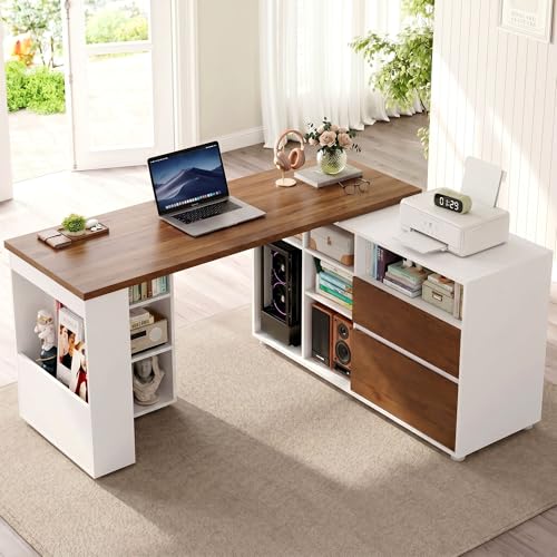 L Shaped Desk with 2 Drawers and 3 Shelves, 60" Reversible Corner Desk, Computer Desk with 10 Cubby Storage Organize, Home Office Executive Desk for Writing Study Work, White
