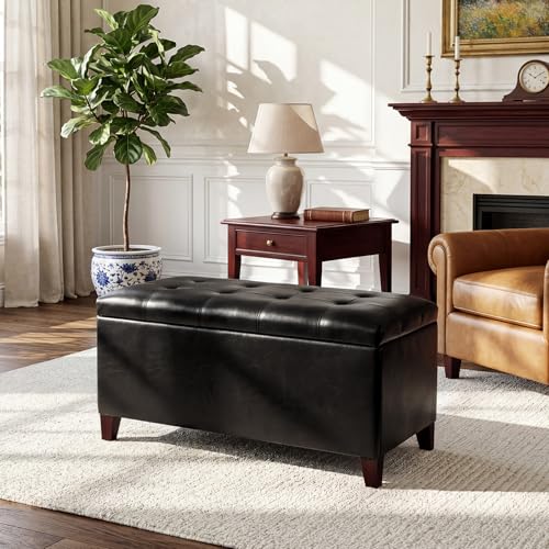 Storage Ottoman Bench, 33 Inches Faux Leather Rectangle Tufted Foot Stool for End Foot of Bed, Bedroom, Living Room, Black - color: Rectangular Black