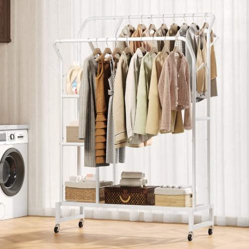 Yoobure Double Rods Clothes Rack - Portable Clothing Rack with Wheels, Rolling Garment Rack with 3-Tier Shelves & 4 Hooks, Freestanding Clothing Racks for Hanging clothes, Coat Rack for Closet Bedroom - color: White
