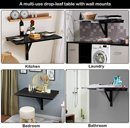 Wall Mounted Folding Table, 31.5’’ x 23.5’’ Wood Floating Desk for Laptop, Study & Dining in Balcony, Bedroom, Bathroom, Kitchen, Drop-Leaf Wall Desk Fold Down for Small Spaces (Black)
