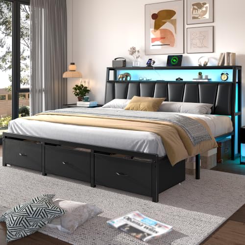 FreeHouse King Size Bed Frame with Storage Headboard & 3 Drawers, Black | Upholstered King Bed Frame with Charging Station & LED Lights,Fabric Drawers, Metal Slats, No Box Spring Needed Noise-Free - color: Black, size: King