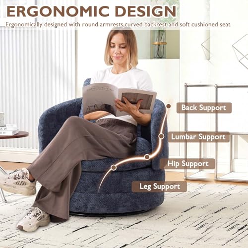 Round Swivel Barrel Chair with Comfy Pillow, Beige Small Accent Chair with Curved Backrest, Modern Upholstered Armchair & Chenille Barrel Accent Chairs for Living Room Bedroom Office (Blue) - color: Blue