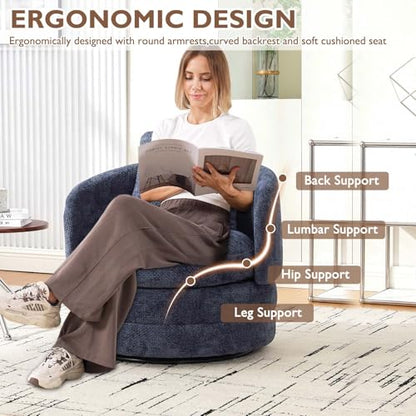 Round Swivel Barrel Chair with Comfy Pillow, Beige Small Accent Chair with Curved Backrest, Modern Upholstered Armchair & Chenille Barrel Accent Chairs for Living Room Bedroom Office (Blue) - color: Blue