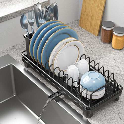 XYZLVSI Small Sink Dish Drying Rack, Compact Dish Drainer with Drainboard | Rustproof stainless steel sink dish rack ideal rv/camper, removable utensil holder, plate rack, fork & knives space saving