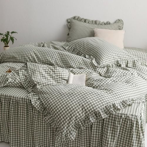 MKXI Sage Green Gingham Duvet Cover Twin, 3-Piece Ruffled Bedding Set - 100% Washed Cotton, Breathable Lightweight Fabric - Farmhouse Boho Chic Style Comforter Cover - color: 002 Ruffle- Green Gingham, size: Twin