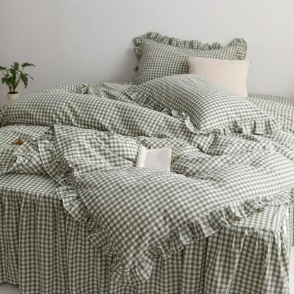 MKXI Sage Green Gingham Duvet Cover Twin, 3-Piece Ruffled Bedding Set - 100% Washed Cotton, Breathable Lightweight Fabric - Farmhouse Boho Chic Style Comforter Cover - color: 002 Ruffle- Green Gingham, size: Twin