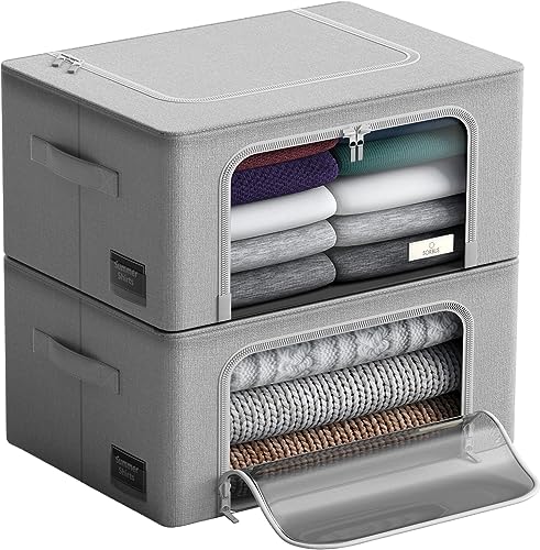 Sorbus Storage Bins with Metal Frame - Stackable & Foldable Clothes Organizer Bags - Oxford Fabric Storage Containers with Large Clear Window & Carry Handles, Bedroom Organization for Bedding & Linen - color: Gray, size: 2 Pack