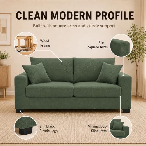 69'' Loveseat Sofa,Modern Fabric 2-Seater Sofa with 2 Pillows(Dark Green) | Small Couches for Living Room, Office,Apartment, Small Spaces,21 in Deep Seat - color: Dark Green
