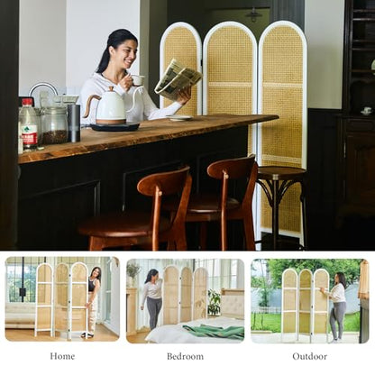 Svimi Room Dividers and Folding Privacy Screens, Pine Wood 5.6 Ft Double Hinged Rattan Partition Freestanding Wall Room Divider for Home - 3 Panels (White) - color: White