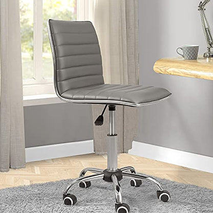JUMMICO Armless Vanity Office Chair with Wheels, Small Cute Makeup Desk Chair Ribbed Leather Swivel Computer Task Chair (Gray) - color: Grey