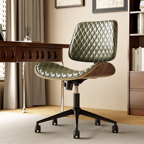 Armless Desk Chair with Wheels, PU Leather Rolling Office Chair, Adjustable Height Mid Back Computer Chair, Ergonomic Walnut Curved Seat, 360° Swivel Home Office Chair for Small Spaces (All-Green) - color: All-green