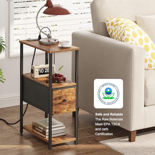 TUTOTAK Small Narrow End Table with Charging Station, Set of 2 | Side Table with Outlets, Nightstand with Cloth Drawer, Couch Table for Living Room, Bedroom, Bedside, Brown TB01BB058 - color: Brown, style: 1 Drawer & Plug