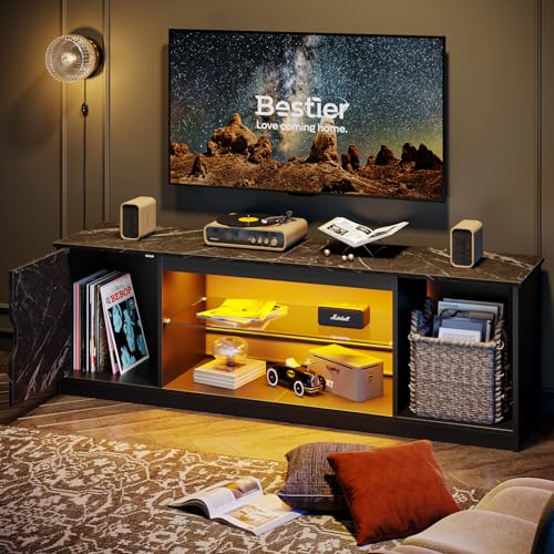 Bestier 57" LED Gaming TV Stand, RGB Light, Black Marble | Fits 55-65" TVs, PS5/Xbox Storage, Adjustable Glass Shelves, Modern Black Marble Finish For Living Room - color: Black Marble