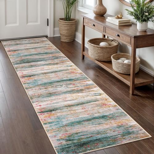 KOZYFLY Modern Abstract Hallway Runner Rug, 2x8 Washable Rug Runner Non-Slip Soft Kitchen Runner Rugs, Print Green Carpet Runner for Entryway Bathroom Laundry Room Foyer - color: Green/Turquoise, size: 2' x 8' (Runner)