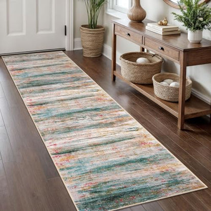 KOZYFLY Modern Abstract Hallway Runner Rug, 2x8 Washable Rug Runner Non-Slip Soft Kitchen Runner Rugs, Print Green Carpet Runner for Entryway Bathroom Laundry Room Foyer - color: Green/Turquoise, size: 2' x 8' (Runner)