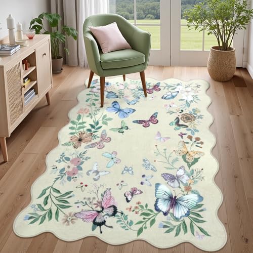 Washable Scalloped Butterfly Area Rug, 3x5 Beige Indoor Entryway Rug Soft Non-Slip Boho Kitchen Rugs, Ultra Thin Botanical Floral Throw Carpet for Living Room Bedroom Nursery Foyer - color: Beige Butterfly, size: 3' x 5'