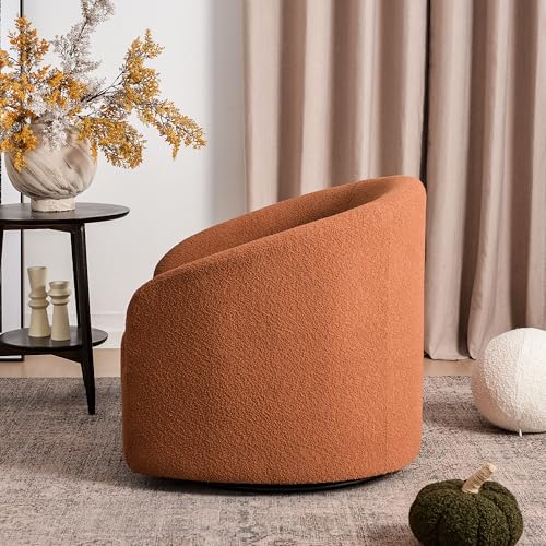KINWELL 32" Wide Swivel Boucle Accent Chair Armchair, No Assembly Mid-Century Modern Round Upholstered Barrel Chair for Living Room, Bedroom, Office (Caramel) - color: Caramel, style: Set of 1