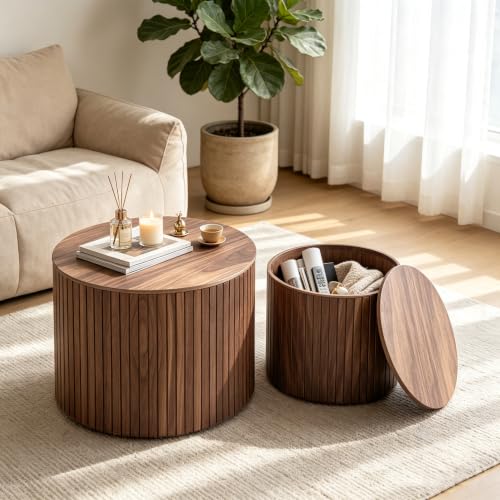 Round Nesting Coffee Table Set of 2, Wood Side Tables with Storage | Fluted Walnut Accent and End Tables Sets, Mid Century Modern, Living room, bedroom, office, small spaces - color: Walnut With Storage