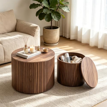 Round Nesting Coffee Table Set of 2, Wood Side Tables with Storage | Fluted Walnut Accent and End Tables Sets, Mid Century Modern, Living room, bedroom, office, small spaces - color: Walnut With Storage