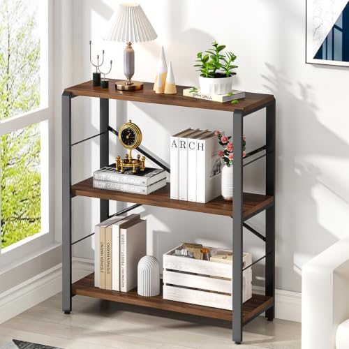 Small Bookshelf, 3 Tier Rustic Book Shelf with Storage, Industrial Low Short Bookcases for Office, Bedroom and Living Room, Rustic Walnut - color: Walnut, size: 3-Tier