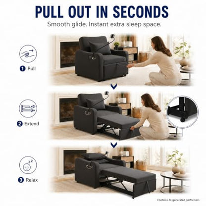Majnesvon Convertible Chair Bed 3 in 1, Sofa Bed Chair (Black-1) | with Adjustable Backrest & Charging Station, Small Space One Person Couch for Apartment, Office, Living Room, Bedroom - color: Black-1