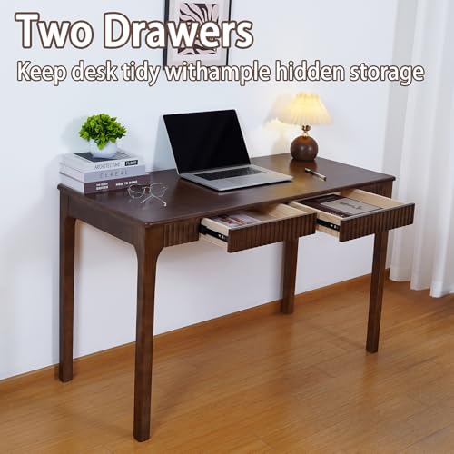 Solid Wood Desk with Drawer, Small Writing Desk for Small Spaces,Gaming Study Home Office Workbench woodenDesks for Work, 47 inch Wooden Computer Desk for Bedroom Walnut Color