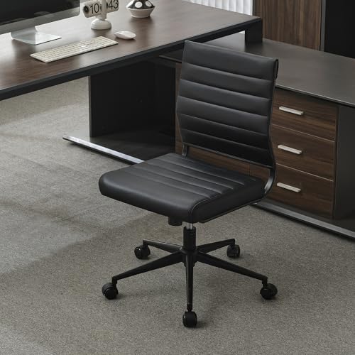 Okeysen Office Desk Chair No Arms, Mid Back Ergonomic Swivel Black Armless Conference Room Chairs, Adjustable Height PU Leather Home Desk Chair, Modern Small Rolling Computer Task Chair - color: Black With Black Frame