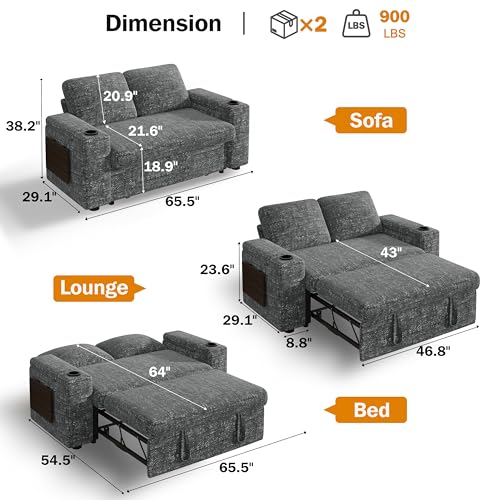Vipbear 65" Loveseat Sleeper Sofa with Pull Out Bed, Chenille 3-in-1 Convertible Sofa Bed with Reclining Backrest|USB Ports|Cup Holders|Side Table|Storage Armrests, Tool Free Assembly, Grey - color: Grey