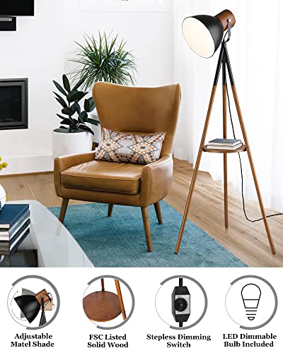 ELYONA Dimmable Tripod Floor Lamp with Table, Wood Standing Lamp with Adjustable Metal Shade, Modern End Table with Reading Light for Livingroom, Bedroom, Office, LED Bulb Included, Black & Brown - style: Modern