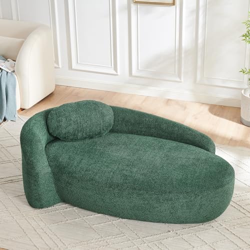 Modern Oval Chaise Lounge Chair, Boucle Upholstered Single Lazy Sofa with Integrated Backrest, Side Armrest, Matching Pillow, Space Saving Accent Lounger for Living Room Reading Nook (Green) - color: Green