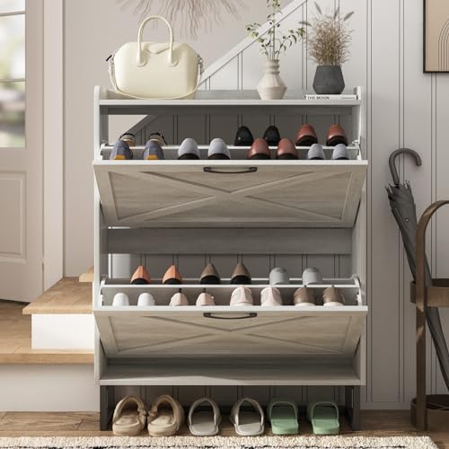 Maupvit Shoe Storage Cabinet with 2 Flip Drawers, Freestanding Organizer with Metal Legs for Entryway, Narrow Shoe Rack Cabinet, Beige - color: Beige, style: 2-Drawers