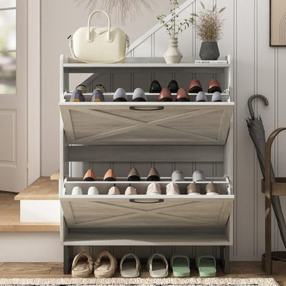Maupvit Shoe Storage Cabinet with 2 Flip Drawers, Freestanding Organizer with Metal Legs for Entryway, Narrow Shoe Rack Cabinet, Beige - color: Beige, style: 2-Drawers