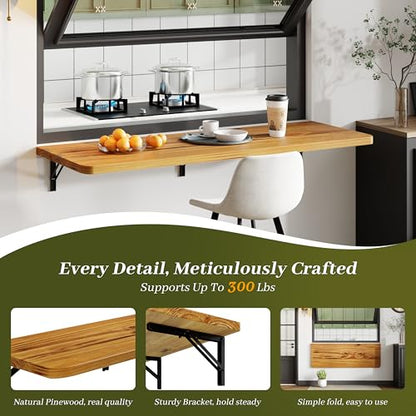 Dogsky 48" x 16" Floating Wall Desk, Fold Down Wall Table - 300 lbs Heavy Duty Solid Pine Wall Mount Folding Desk for Home Office, Laundry Room, Kitchen & Small Apartment, Burning Yellow - color: Burning Yellow, size: 48'' x 15.7'' x 8.3''