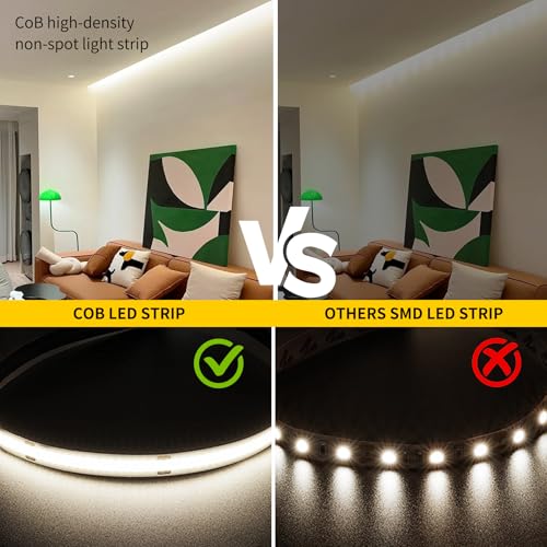 Pandery 24V COB LED Strip Lights Cool White 6000K 32.8FT(2 * 5M) | led Light Strip with Remote and app Control,8mm Wide Ra>90 Cuttable Strip Lights for Bedroom,Wardrobe,Cabinet - color: 6000K Cool White, size: 32.8FT
