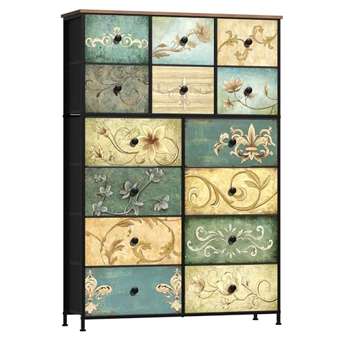 Dresser with Drawers for Bedroom Chest of Drawers Fabric Dresser for Closet,Nursery Entryway Hall Tree TV Stand for Living Room Retro Floral Pattern Drawers Wooden Top (14 Drawers) - size: 11.8"D x 39"W x 57"H (14 Drawers)