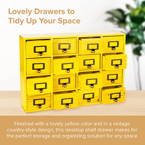 Yellow 16-Slot Wooden Drawer Unit - Country Style Desk Organizer - 20"x3.6”x14” Wooden Storage Box w/ 16 Drawers - Countertop Drawers w/Label Holder & Handle - Slim 4-Level Desk Organizer - color: 16 Drawer Golden Yellow