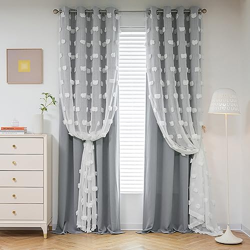 MYSKY HOME Grey Curtains for Bedroom - 54 Inch Long, Double Layer, White Pom Pom, Sheer, Grommet, Darkening, Small Window, 2 Panels, 52 x 54 in - color: Grey, size: 52"W x 54"L (Pack of 2)