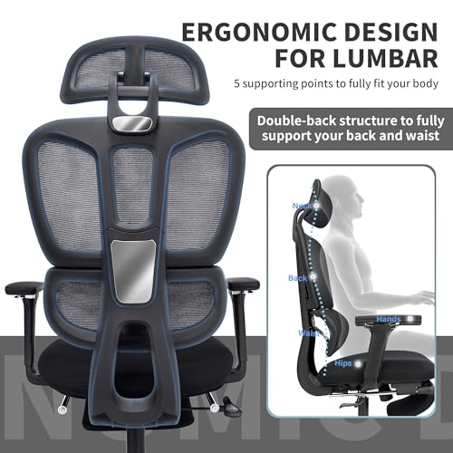 Ergonomic Office Chair with Footrest, 90-135° Reclining High Back Desk Chair with Lumbar Support, 2D Headrest, 4D Armrests, Computer Chair for Long Hours, Black - color: Black