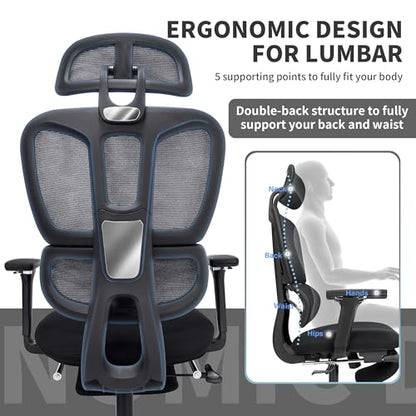 Ergonomic Office Chair with Footrest, 90-135° Reclining High Back Desk Chair with Lumbar Support, 2D Headrest, 4D Armrests, Computer Chair for Long Hours, Black - color: Black